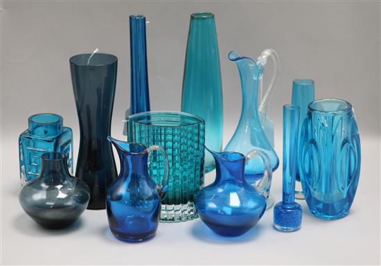 A collection of twelve Whitefriars and other blue-coloured glass vases,